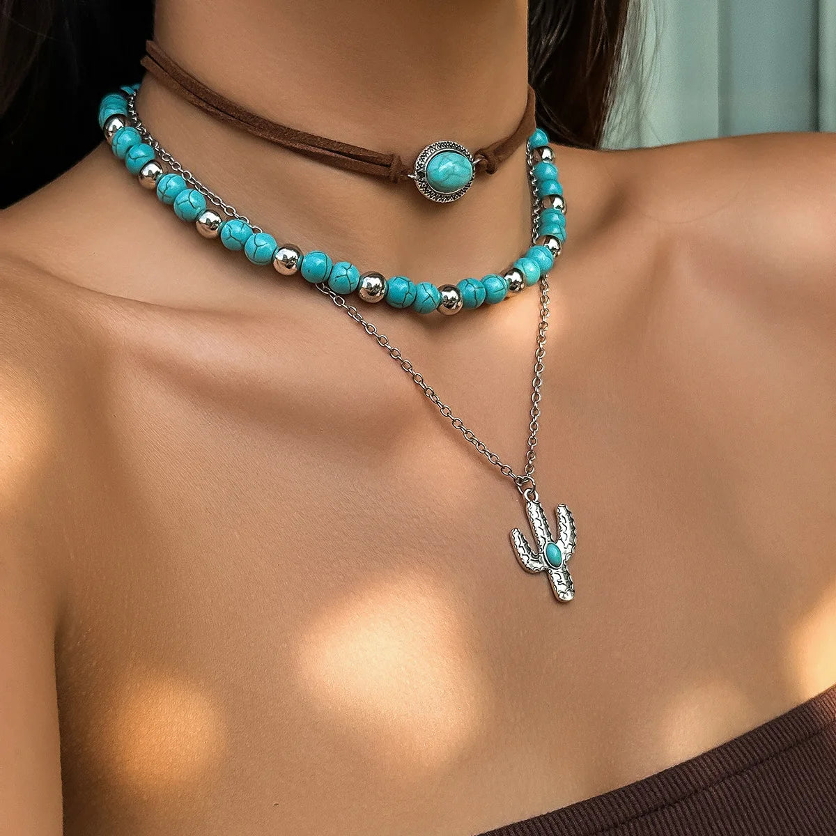 Boho Metal Cactus Pendant Clavicle