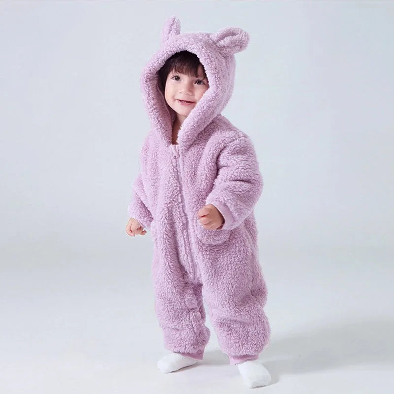 Infant Baby Romper, Warm Fleece Hooded Jumpsuit