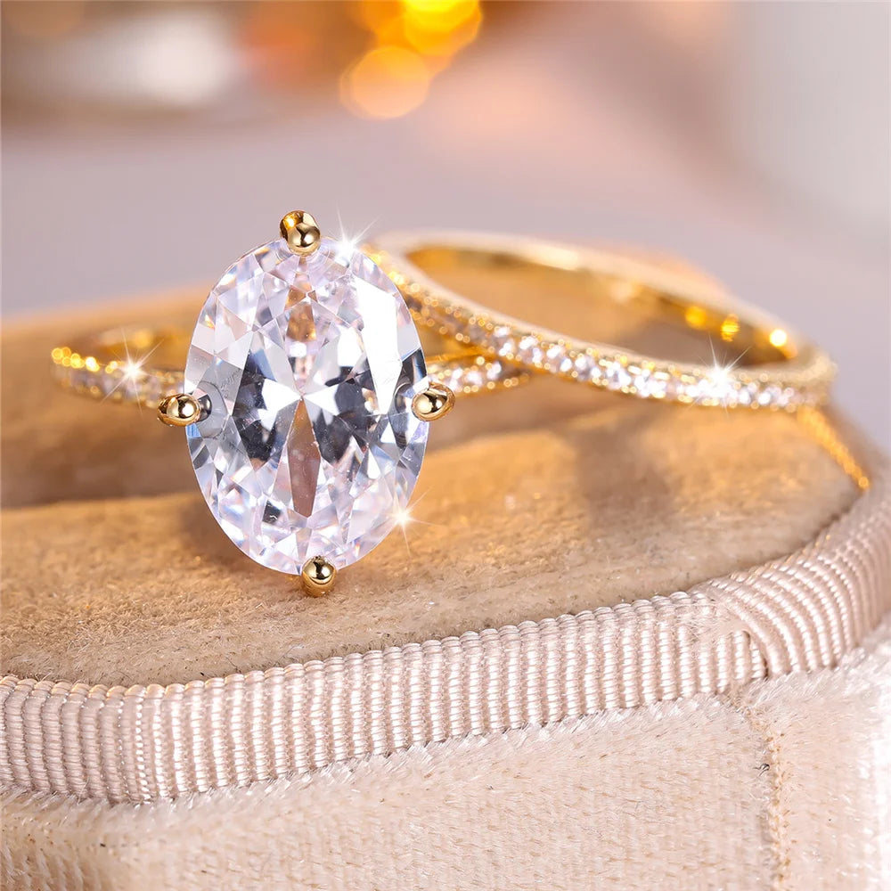 Crystal Female White Green Zircon Oval Stone Ring Set Fashion Vintage Gold Color Bridal Wedding Engagement Jewelry For Women