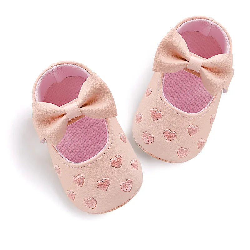 Baby Girls First-Step Shoes (0–18M) – Soft Sole Dress Shoes with Bow & Heart