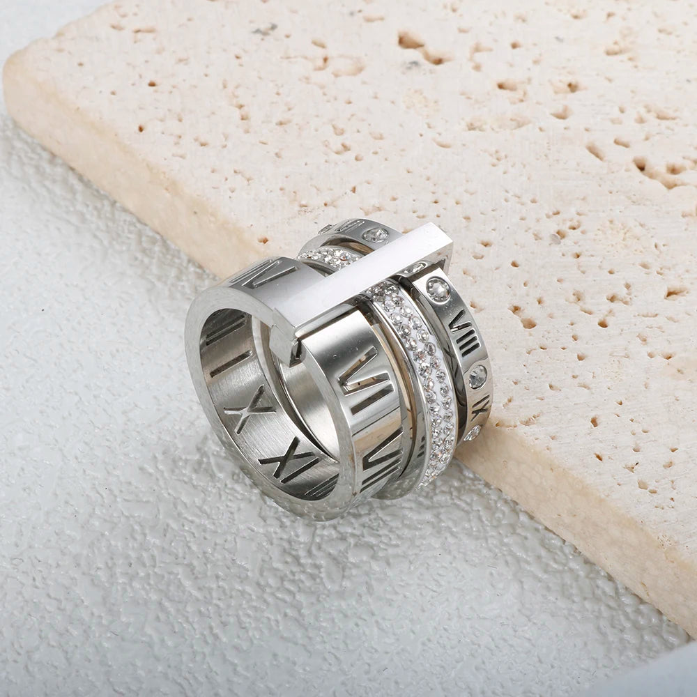 Three Layers Roman Numerals Ring for Women Luxury Stainless Steel Rotatable Crystal Finger Rings Female Wedding Trendy Jewelry