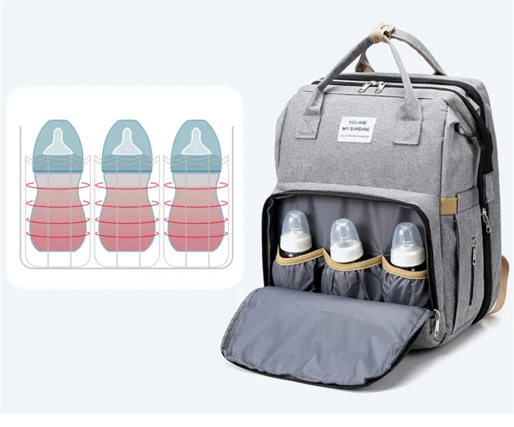 Mommy Diaper Bag – Baby Bed, Milk Bottle Storage & Changing Mat Backpack for Nursing Moms