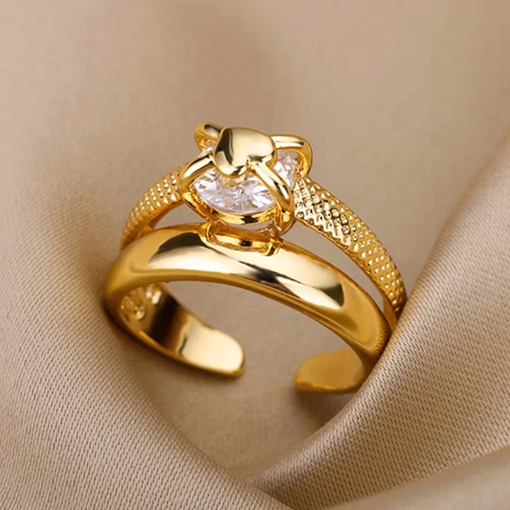 Gold Stainless Steel Crystal Ring