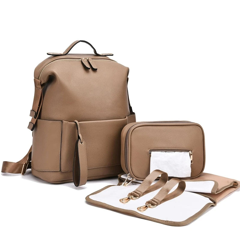 Multifunction Leather Diaper Bag – Large Capacity Maternity Backpack for Baby Care & Travel