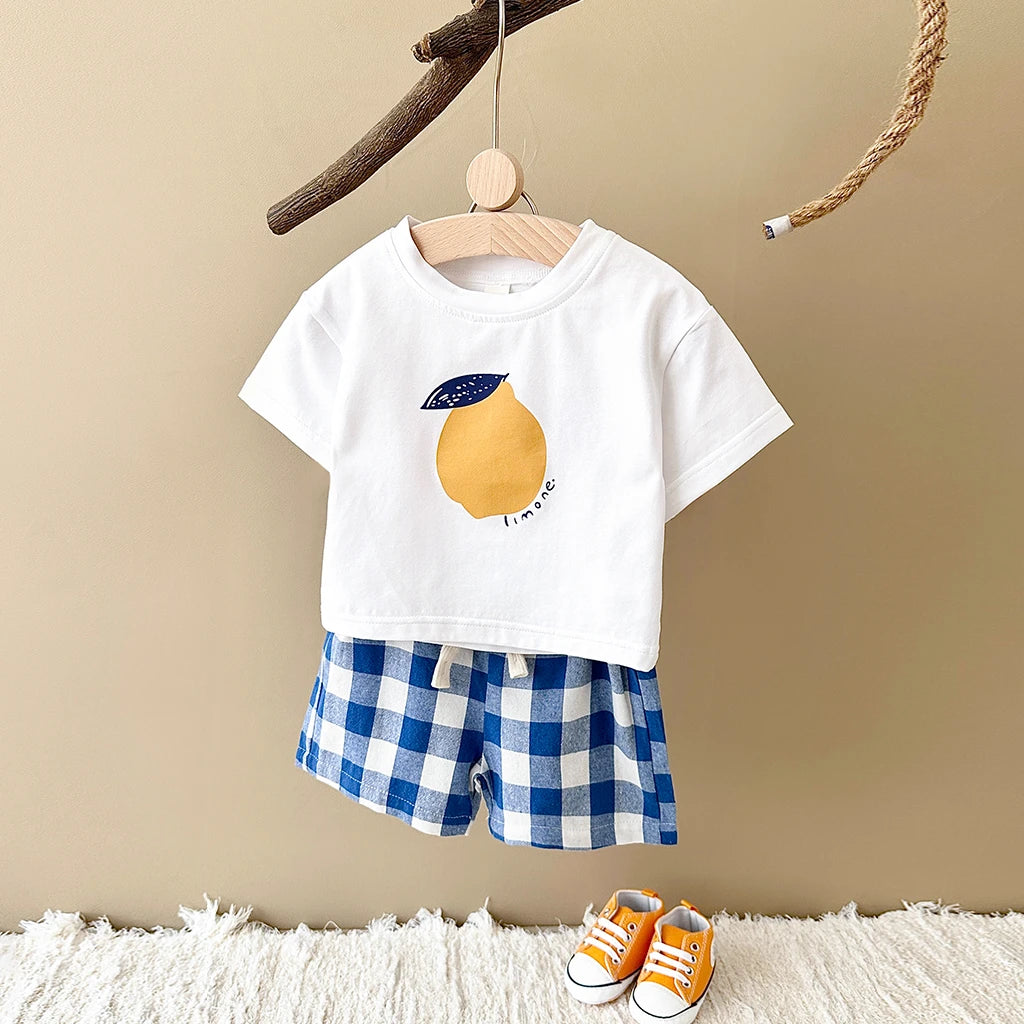2PCS Baby Boys Girls Clothes Set T-shirt & Checkered Shorts 0-3Y