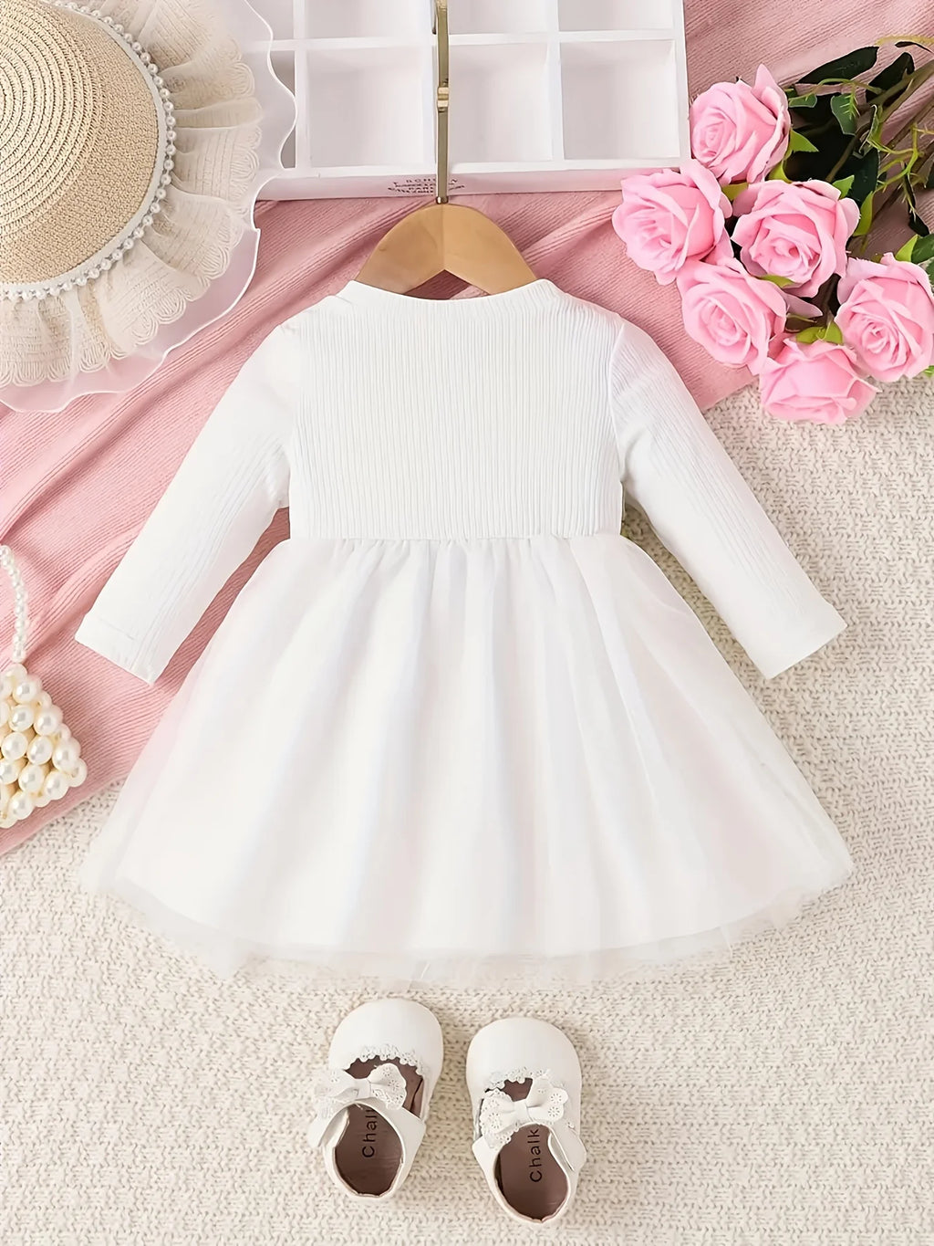 Long Sleeve Baby Girl Dress, Mesh Floral Princess Outfit
