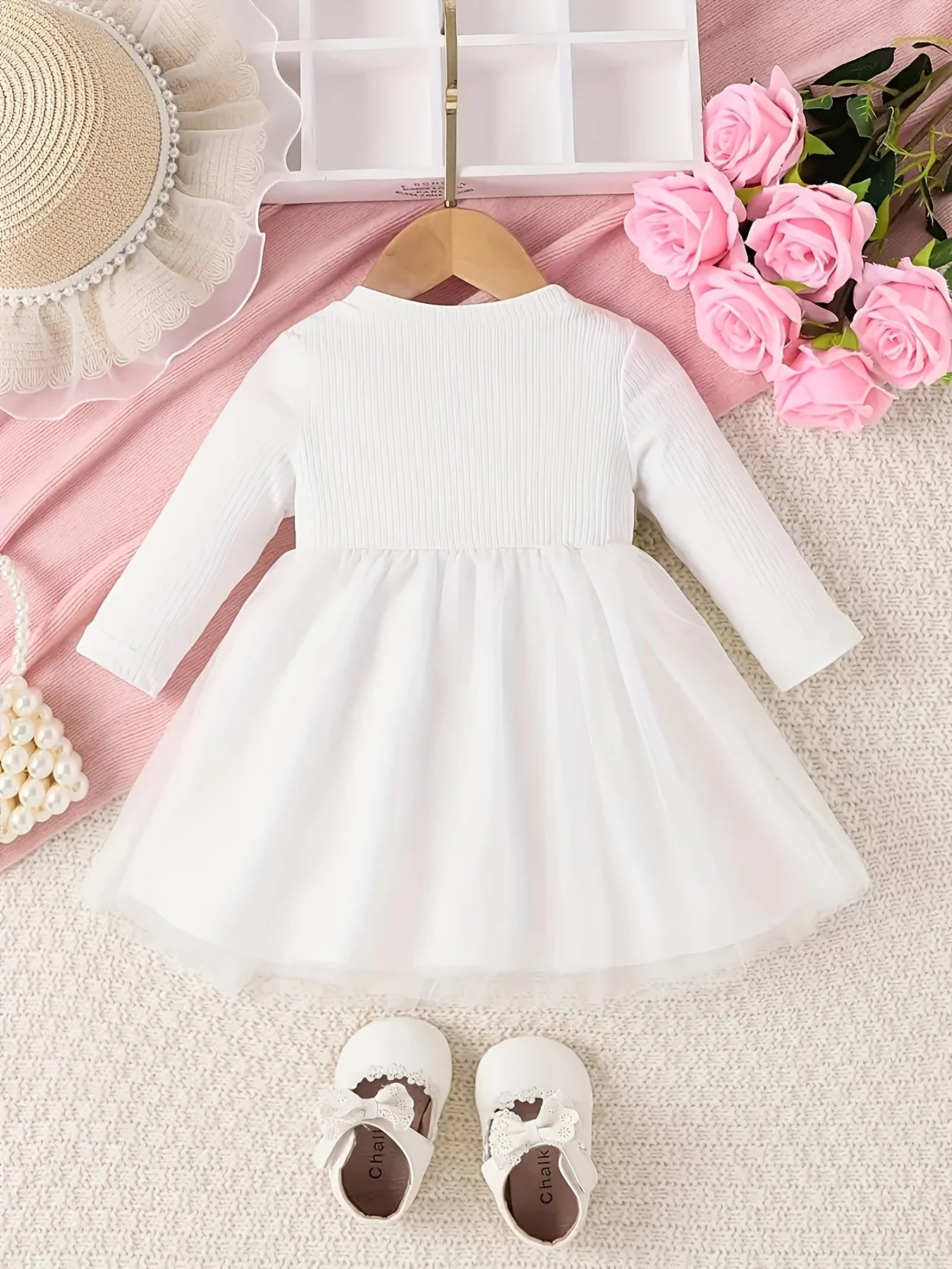 Long Sleeve Baby Girl Dress, Mesh Floral Princess Outfit