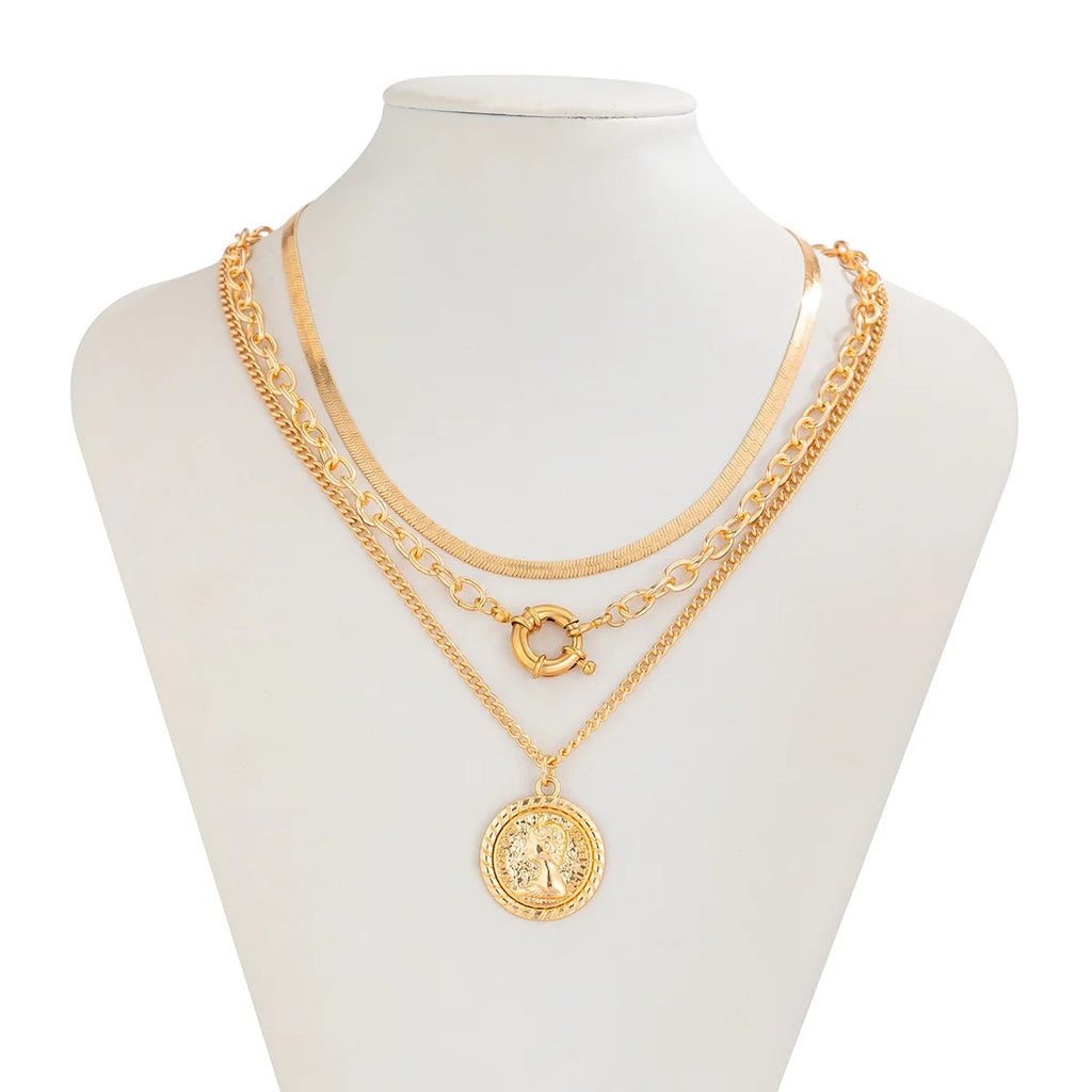 Retro Round Portrait Carving Pendant Necklace