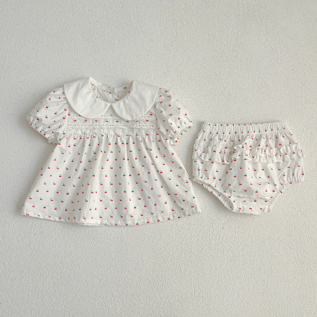 Baby Girl Cherry Floral Outfit – Summer (0–12M)