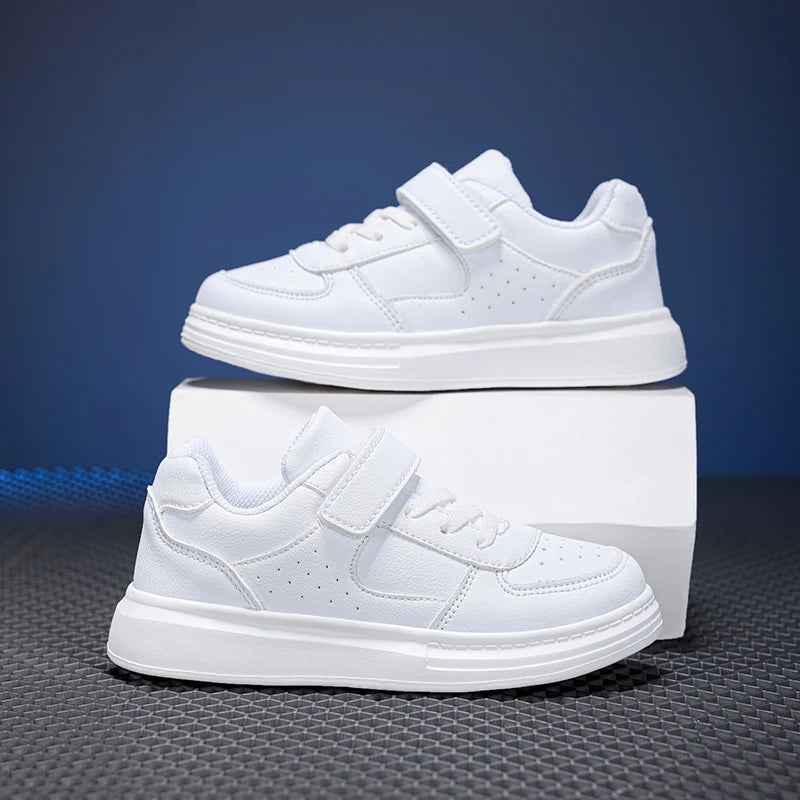 Kids White Leather Sneakers – Waterproof Low-Cut Shoes