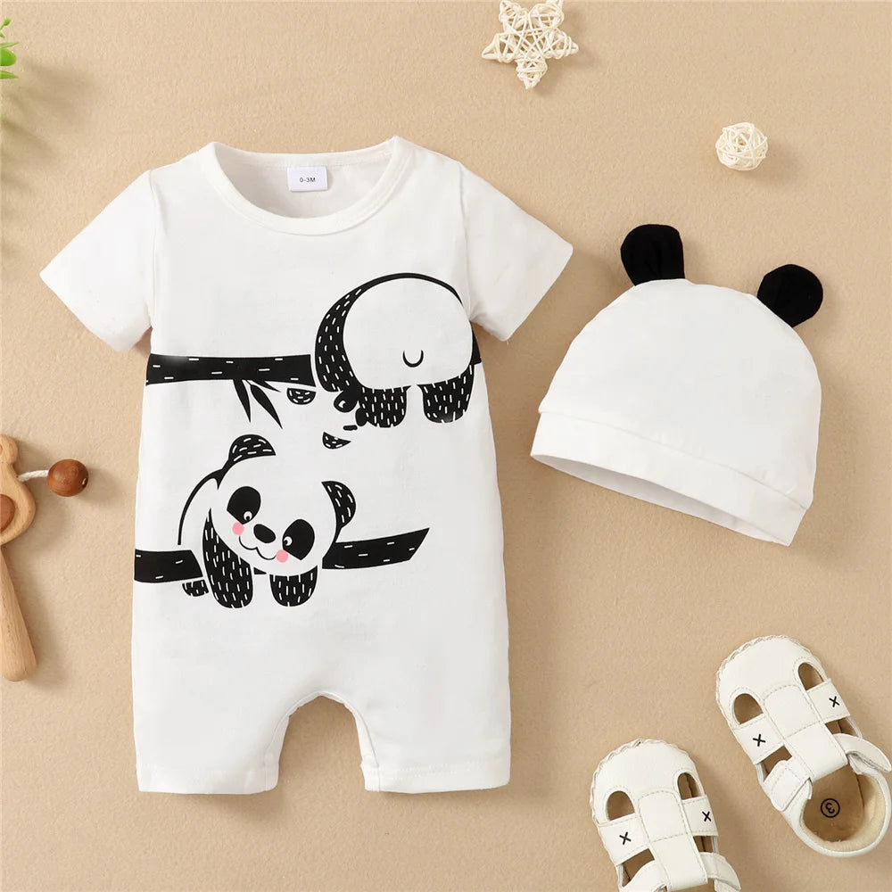 Baby Boy Summer Romper & Hat Set, Panda Print 2PCS