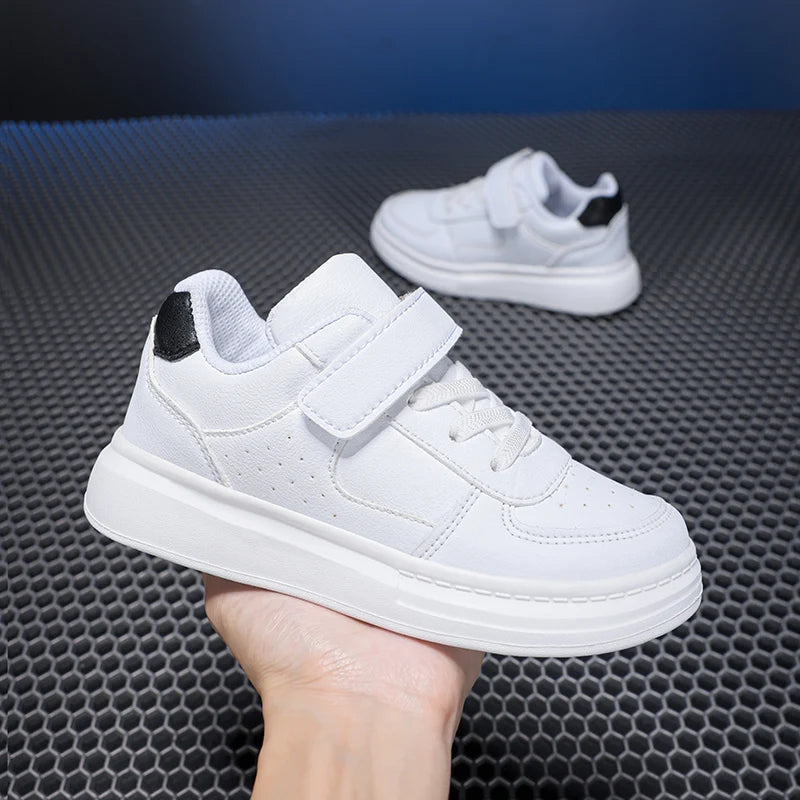 Kids White Leather Sneakers – Waterproof Low-Cut Shoes