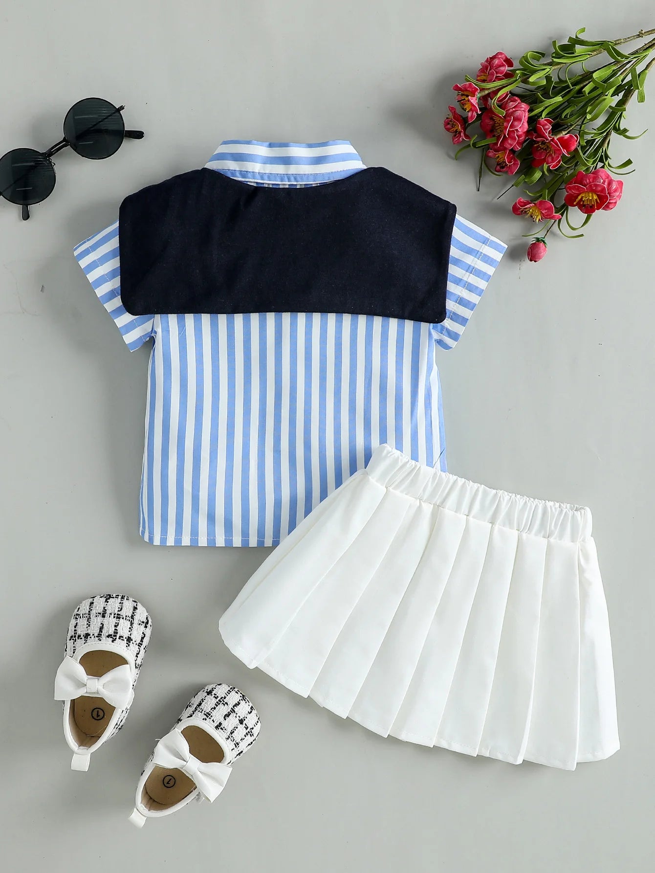 Shawl & Solid Pleated Skirt Casual 3Piece Set