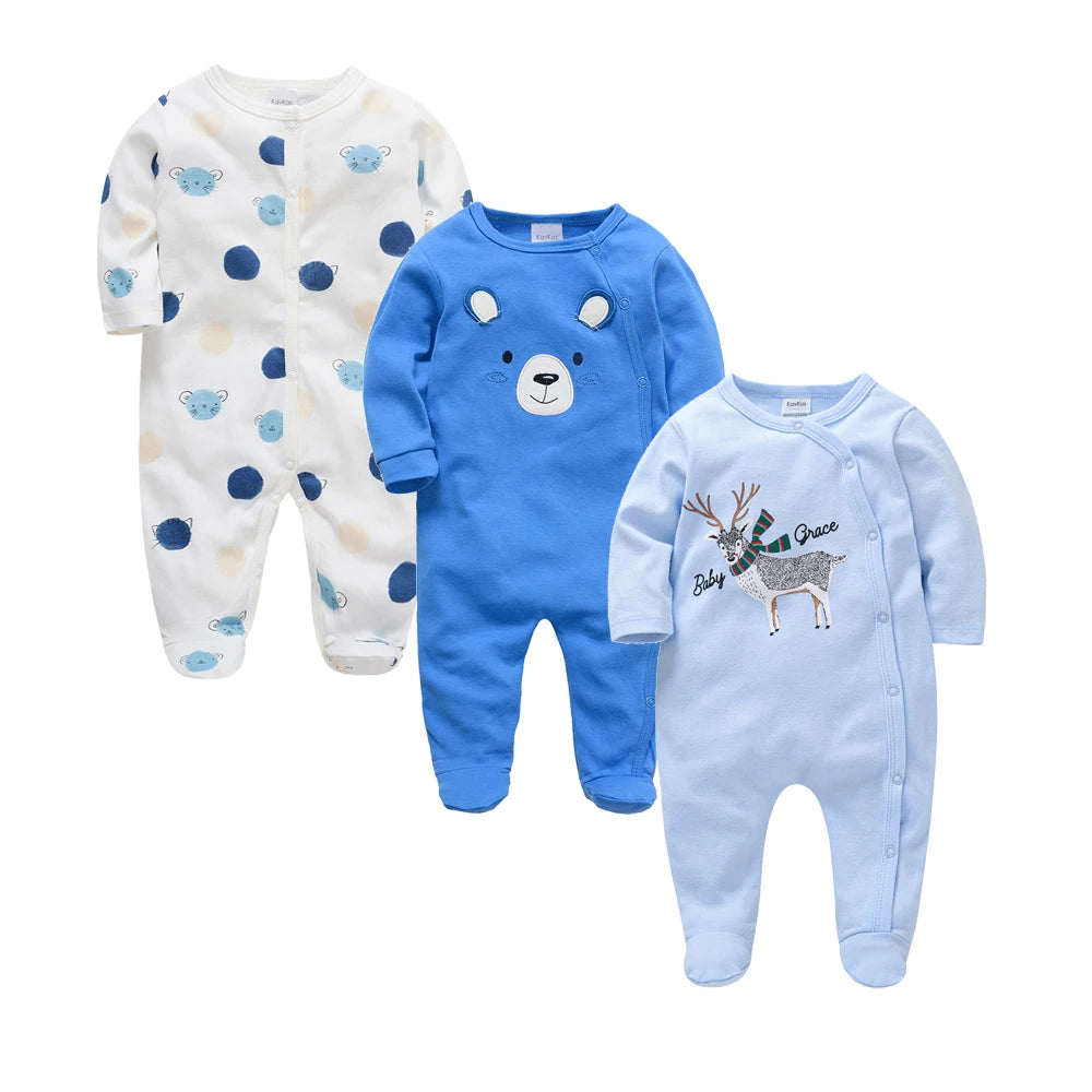 3PCS Baby Boy Romper Set, 100% Cotton, Long Sleeve 0–12M