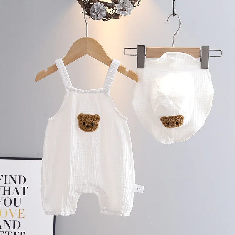 Summer Baby Girls Romper with Hat Cartoon Cherry Bear Jumpsuit