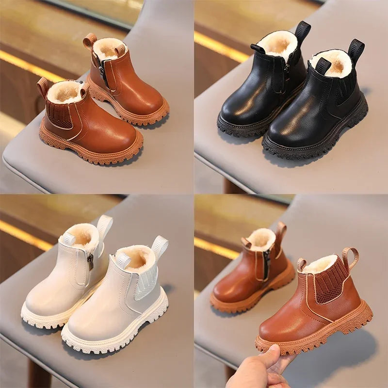 Kids’ Ankle Leather Boots – Warm, Comfortable, Non-Slip