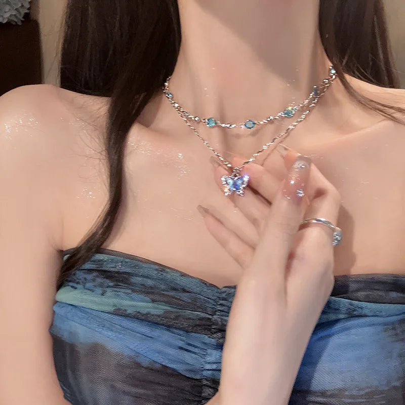 Crystal Zircon Butterfly Tassel Necklace