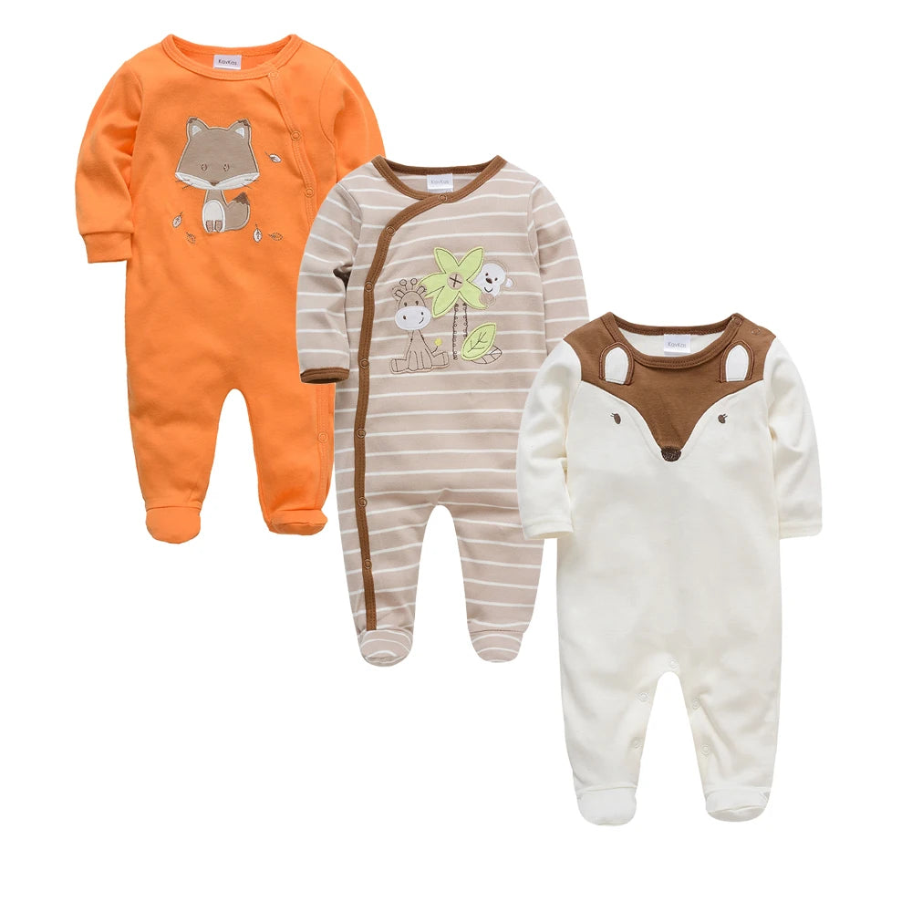3PCS Baby Boy Romper Set, 100% Cotton, Long Sleeve 0–12M