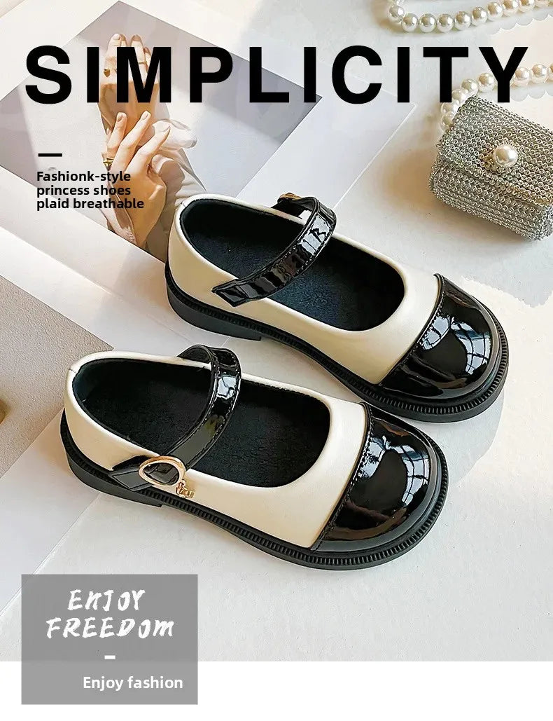 Girls’ Black Leather Casual Shoes – Princess Toddler Flats