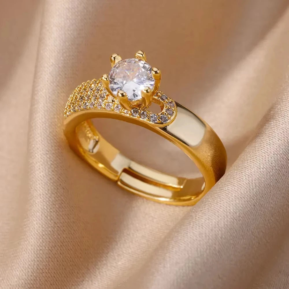 Gold Stainless Steel Crystal Ring