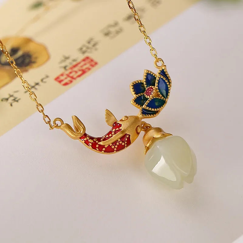 Natural hotan jade necklaces enamel fish