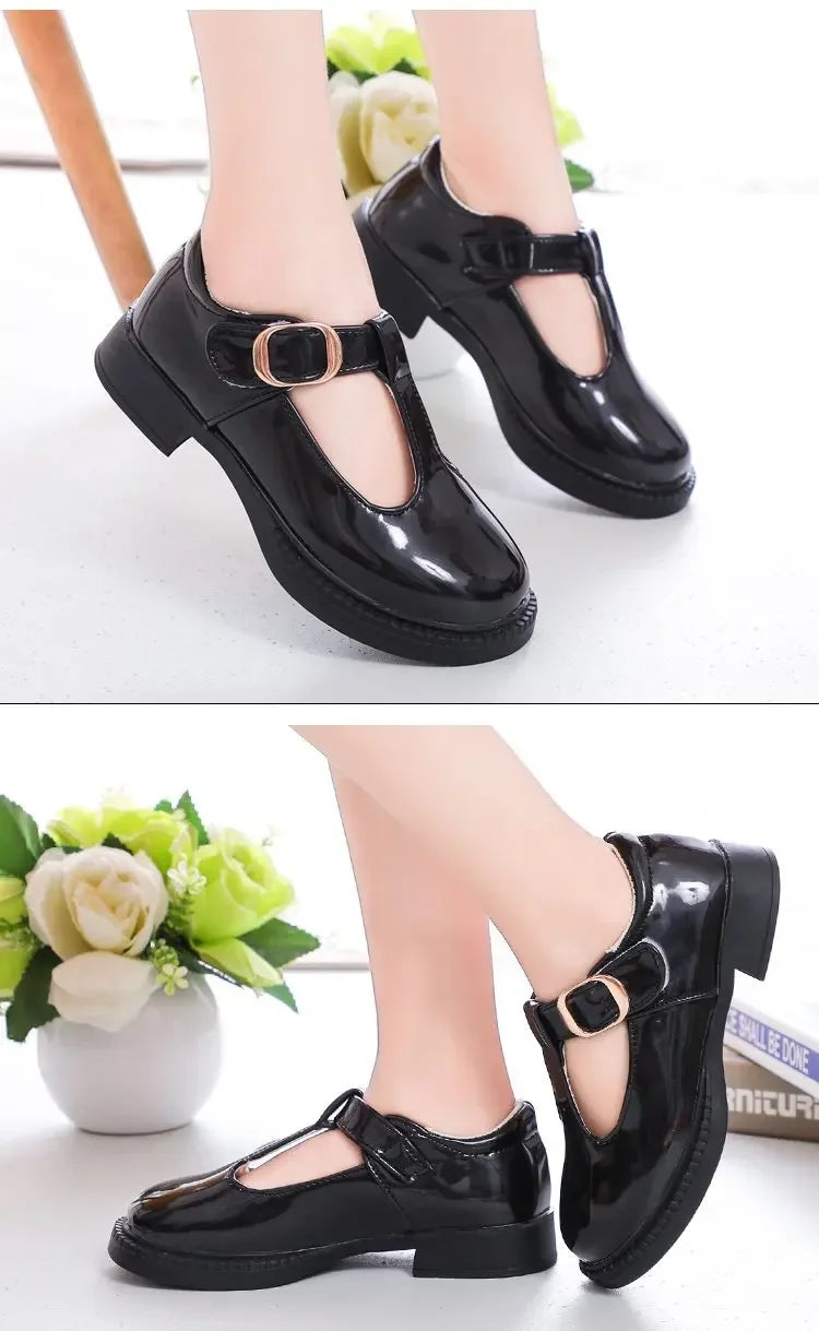 Kids’ Leather T-Strap Flats – School & Party Shoes (26–36)