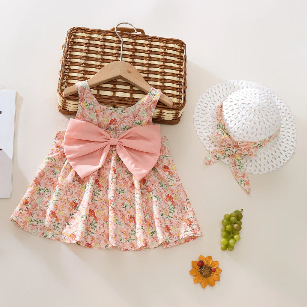 Baby Girl Summer Outfit, Bow Strap Dress & Hat