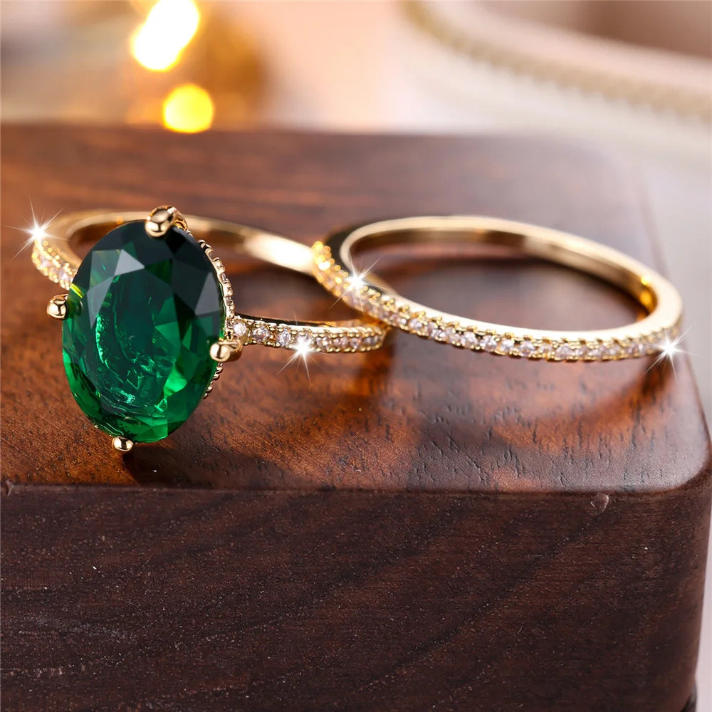 Crystal Female White Green Zircon Oval Stone Ring Set Fashion Vintage Gold Color Bridal Wedding Engagement Jewelry For Women