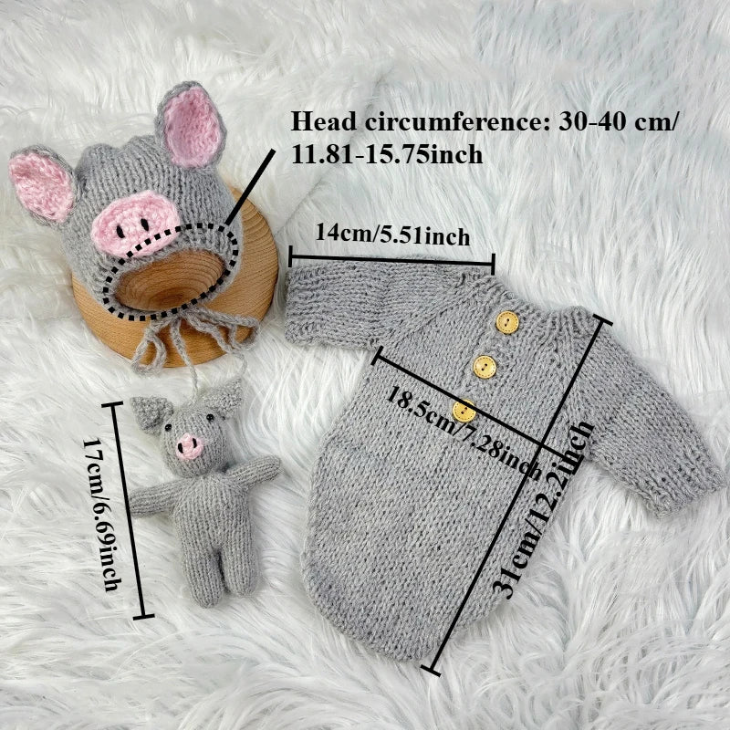 3pcs Baby Costumes Newborn Photography Outfits Adorable Pig Hat