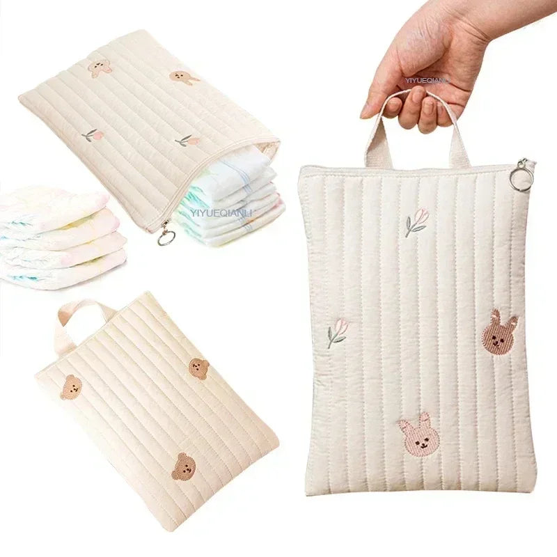 Cotton Baby Diaper Bag – Travel, Stroller Storage & Cute Bear Embroidery Handbag for Moms