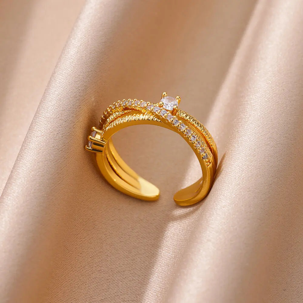 Gold Stainless Steel Crystal Ring
