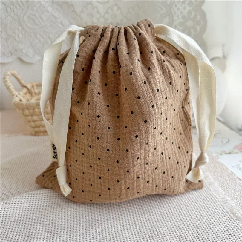 Natural Cotton Mommy Bag – Outdoor Baby Diaper Carrier, Cute Printed Drawstring Pouch 27x25cm