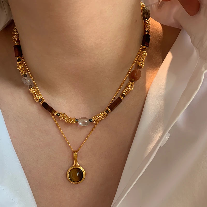 Natural Tiger Eye Stone Pendant Plated