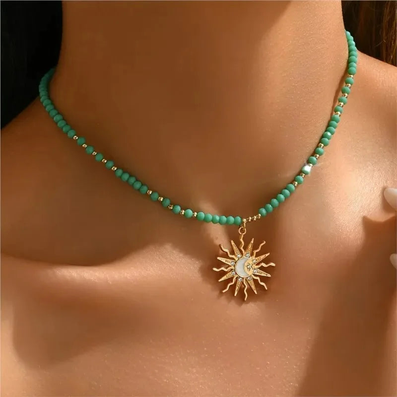 Retro Golden-Toned Sun Pendant Necklace