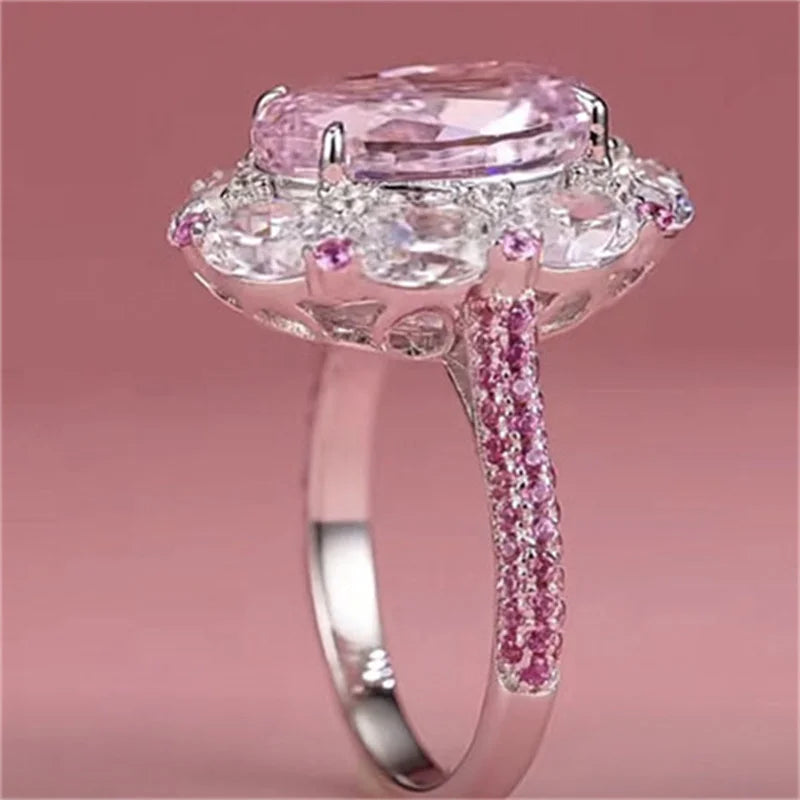 Luxury Egged Pink Zircon Oval Rings For Women Silver Color Pormise Engagement Wedding Bands Bridal Jewelry New Year Gifts