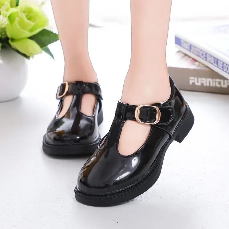 Kids’ Leather T-Strap Flats – School & Party Shoes (26–36)