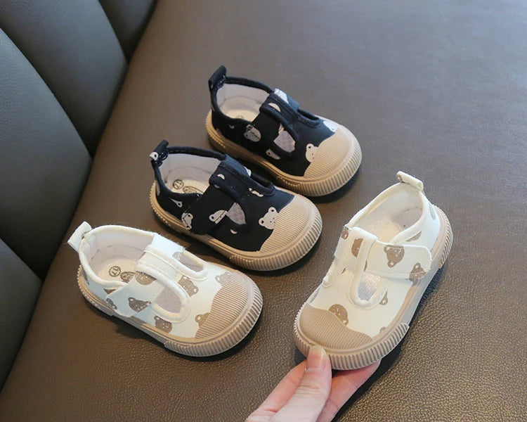 Kids’ Canvas Sneakers – Korean Cartoon Bear First Walkers