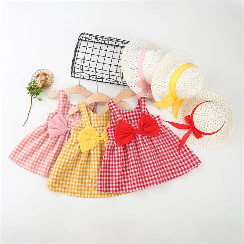 2Pcs/Set Baby Girl Plaid Sweet-  0 To 3 Years Children Clothes Suit & Hat