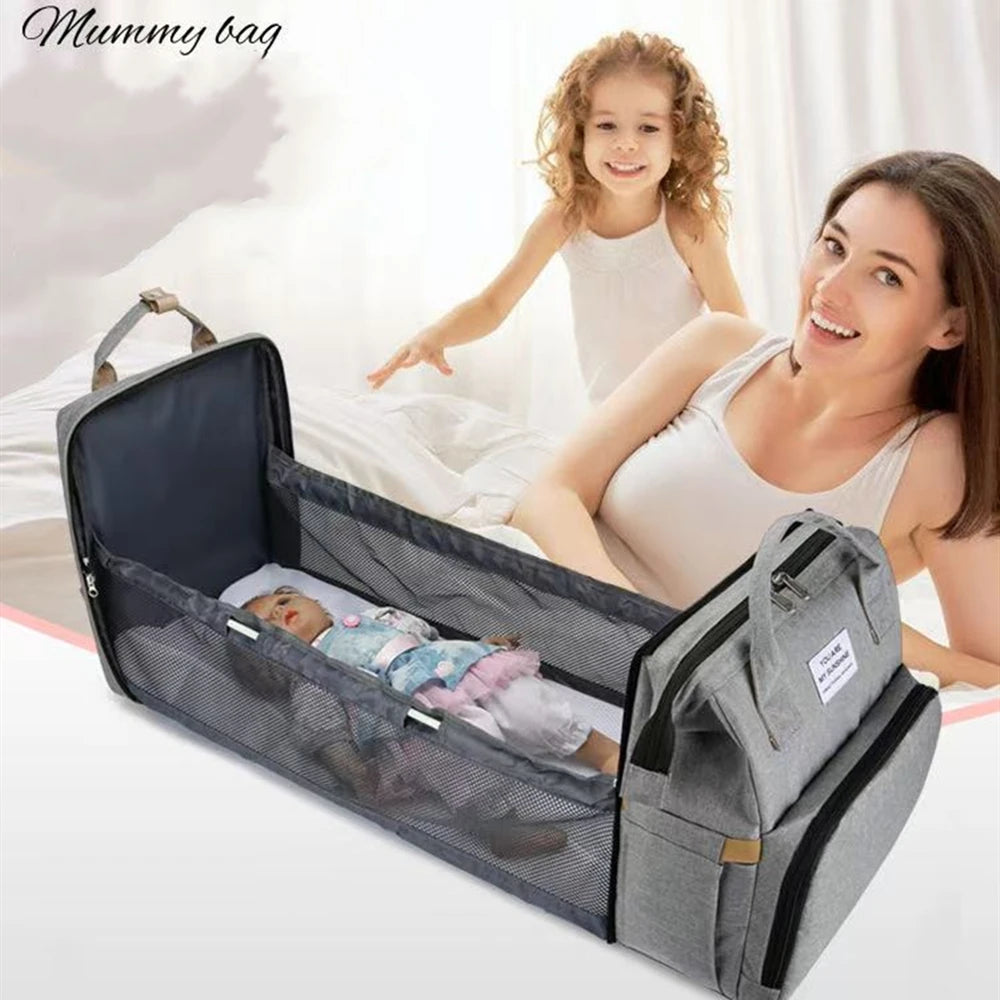 Portable Folding Mommy Bag – Large Capacity Baby Backpack with Crib for Travel & Outings