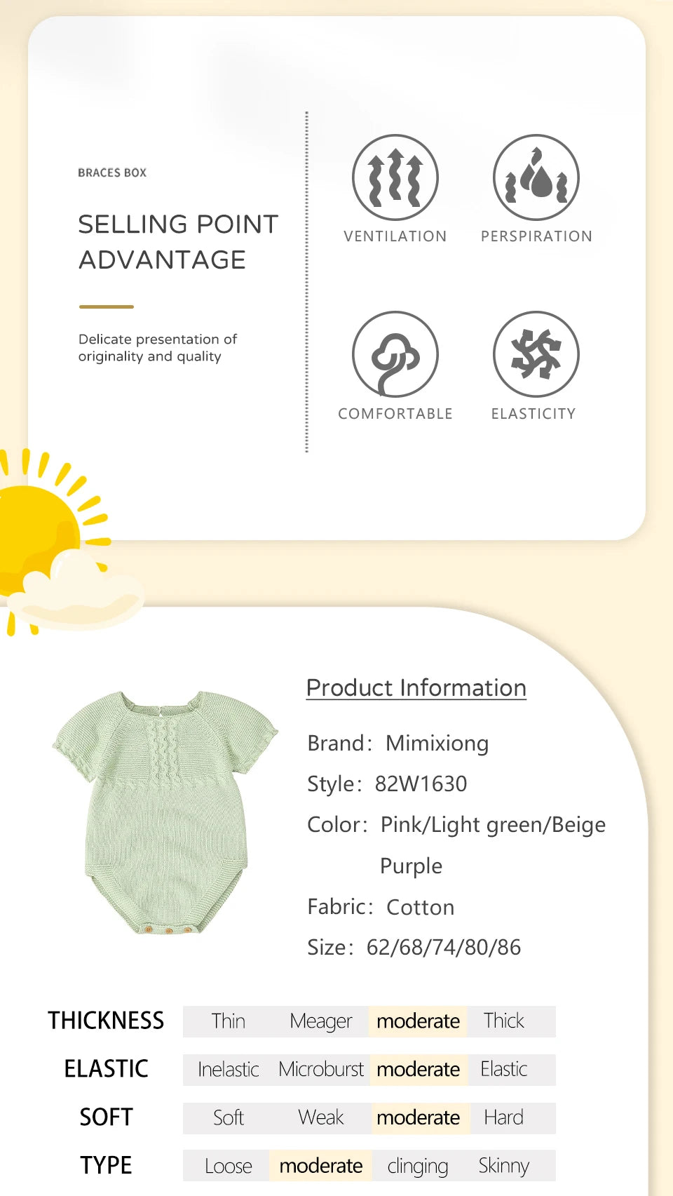 Baby Girl Summer Bodysuit, Solid Muslin Romper 1–18M