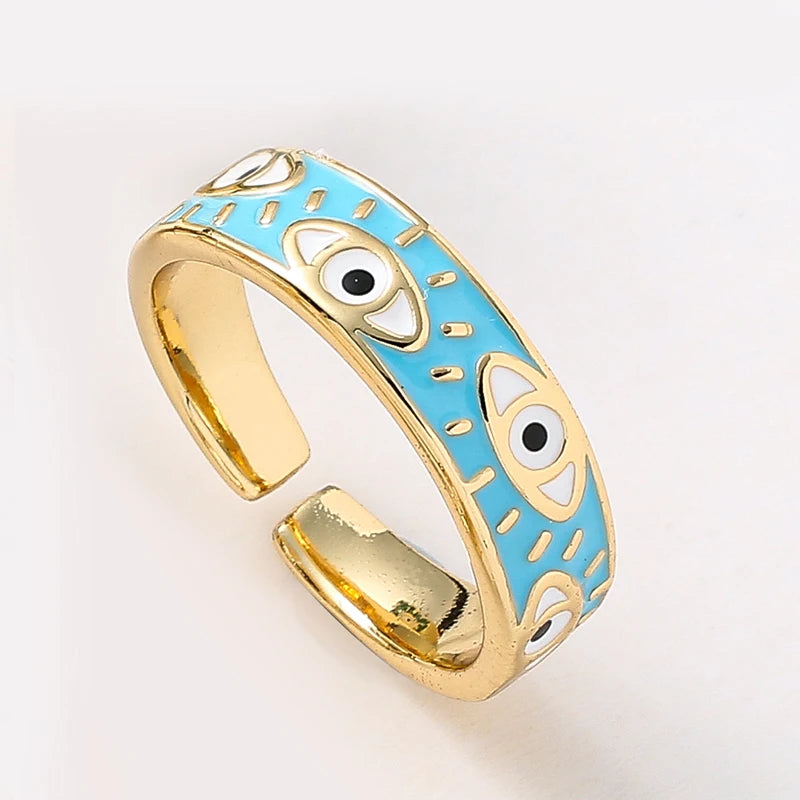 Fashion Aesthetic Evil Blue Eyes Finger Rings for Women Oil Dripping Stainless Steel Rings Adjustable Opening Ring Jewelry Gifts
