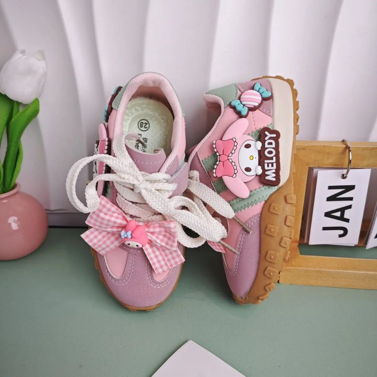 Girls Cartoon PU Sneakers – Anti-Slip Pink Casual Shoes (26–37)