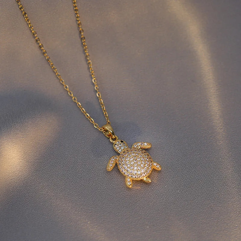 Crystal Stone Turtle Silver Necklace
