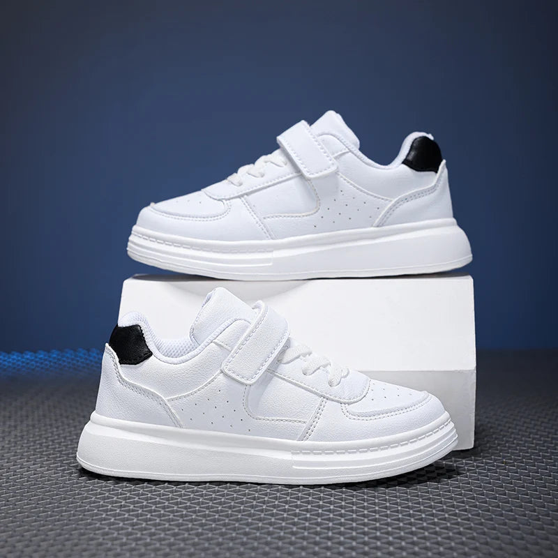 Kids White Leather Sneakers – Waterproof Low-Cut Shoes