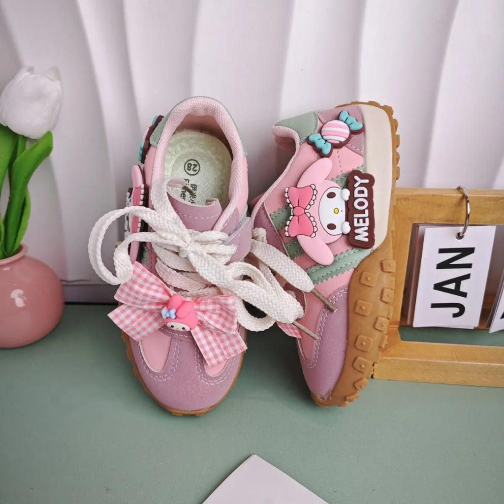 Girls Cartoon PU Sneakers – Anti-Slip Pink Casual Shoes (26–37)