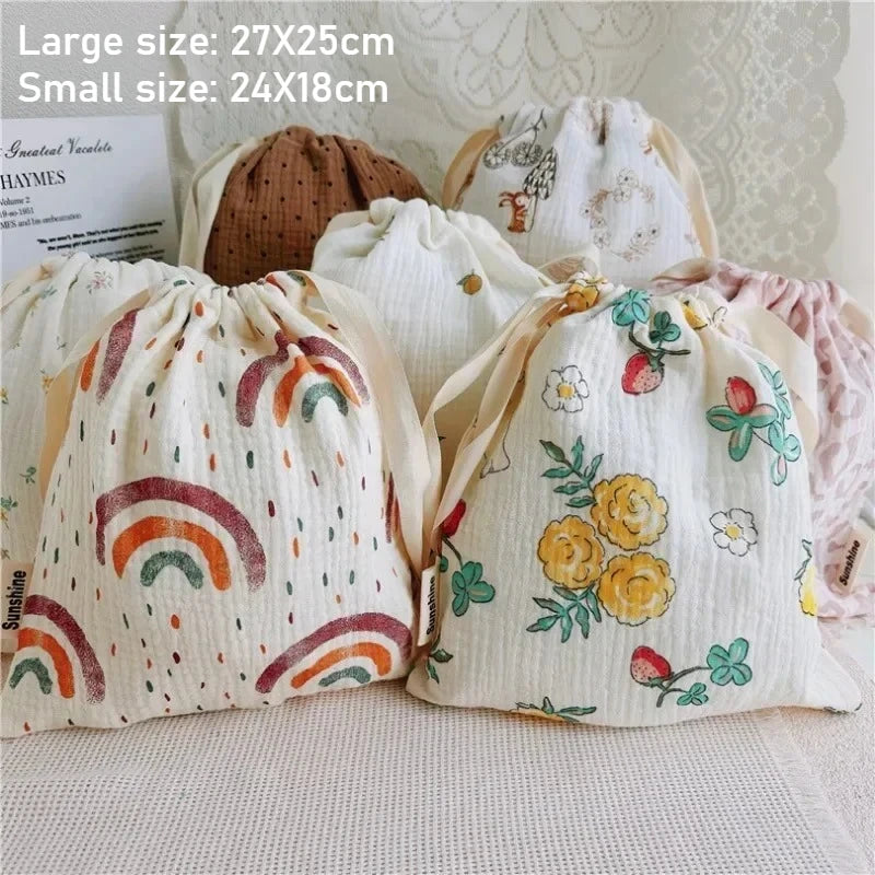 Natural Cotton Mommy Bag – Outdoor Baby Diaper Carrier, Cute Printed Drawstring Pouch 27x25cm