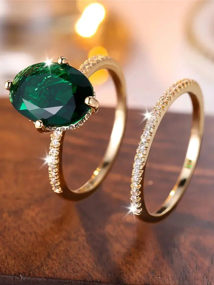 Crystal Female White Green Zircon Oval Stone Ring Set Fashion Vintage Gold Color Bridal Wedding Engagement Jewelry For Women