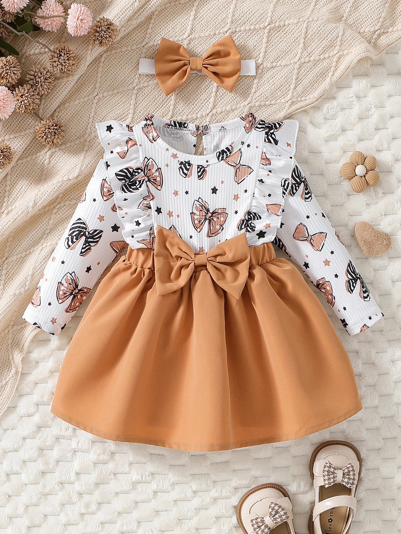 Cute Baby Girl Spring/Autumn Dress – Bow Print (0–2Y)