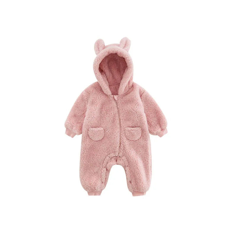 Infant Baby Romper, Warm Fleece Hooded Jumpsuit