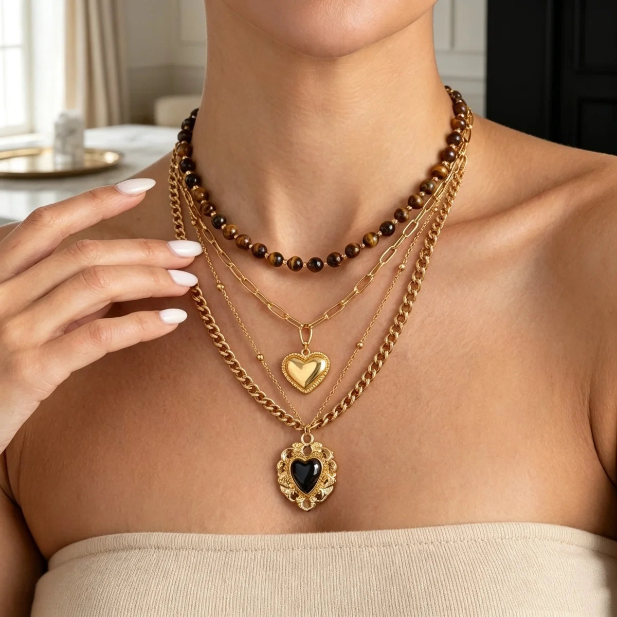Vintage Tiger Eye Stone Beaded Heart